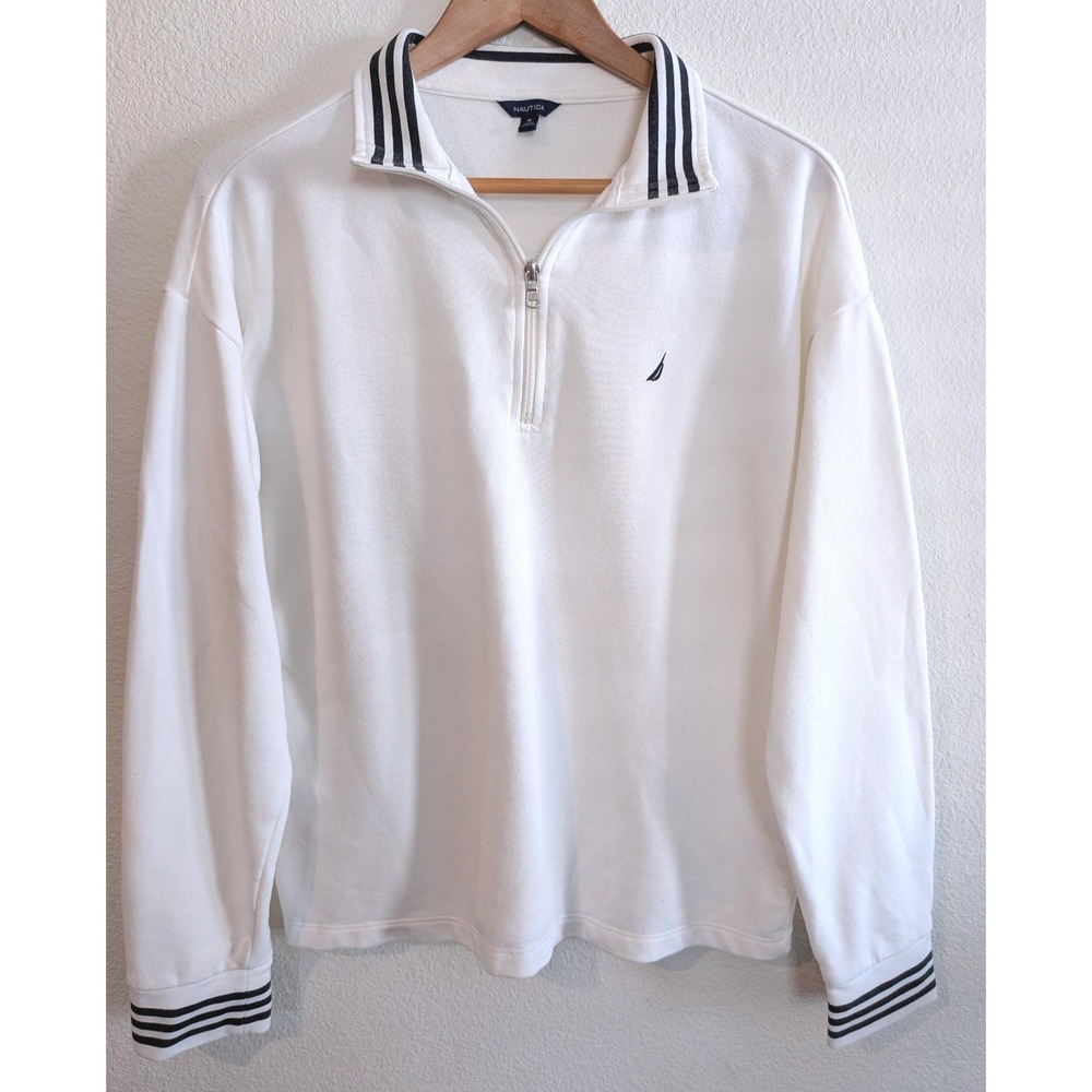 Nautica Womens White Quarter Zip Pullover Sweatshirt Striped Trim Size M 1723720